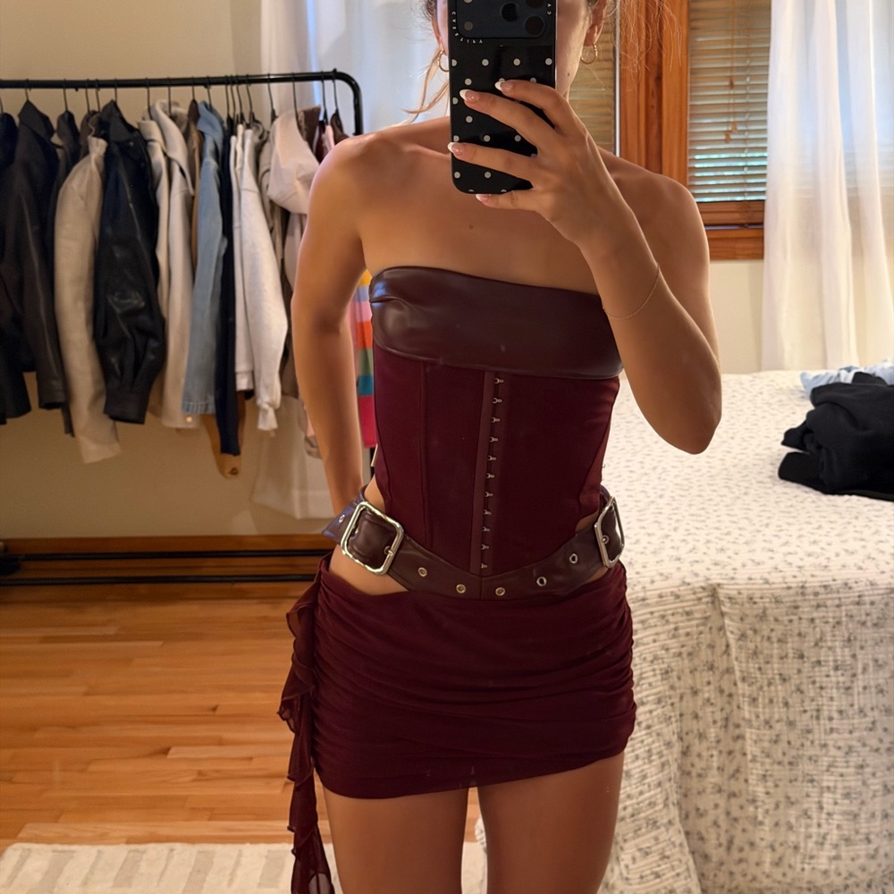 Strapless Burgundy Corset Mini Dress with Belt